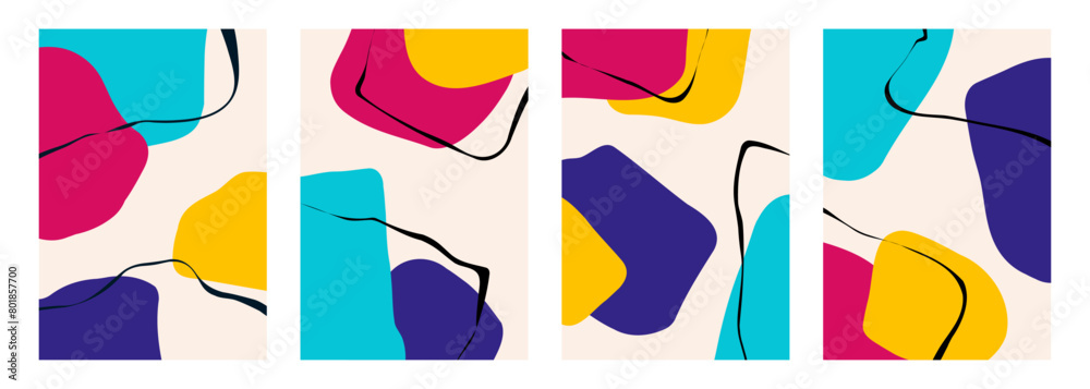 Poster set of abstract backgrounds with various curved bright colored shapes and black bent lines for creat