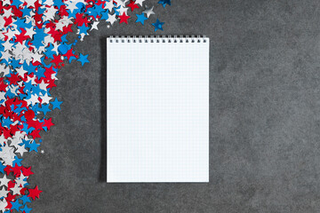 4th of July American Independence Day. Presidents Day. Red, blue and white star confetti, blank...