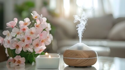 Obraz na płótnie Canvas Aromatic essential oil diffuser for relaxation and therapeutic benefits. Concept Aromatherapy, Essential Oils, Relaxation, Wellness, Diffuser