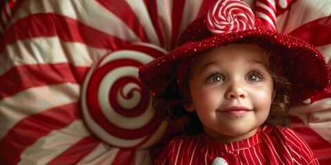 Zany candy cane striped bodysuit with a bouncing peppermint swirl umbrella hat 