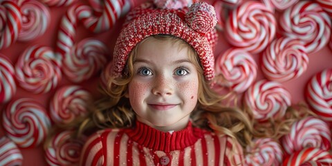 Zany candy cane striped bodysuit with a bouncing peppermint swirl umbrella hat 