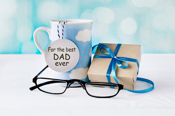 Father's day concept card,gift box  and beverage.  Greeting template with message.Objects.