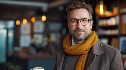 Obraz premium Mature man in stylish autumn outfit in a coffee shop, enjoying a warm beverage, Concept of modern urban living and leisure