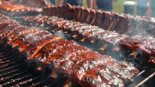 A competitive BBQ festival scene with multiple smokers
