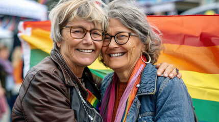 Elderly lesbian couple. Mature LGBTQ lovers smile against the background of a rainbow flag.