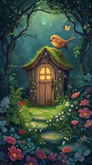 Enchanting fairytale cottage with bird on roof, nestled in a magical forest perfect for children's books and fantasy themes.