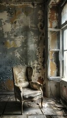Forgotten Room of Neglected Despair:An Old,Dilapidated Interior with Peeling Walls and Weathered Furniture