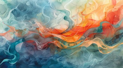 Abstract watercolor blending fiery reds and oranges with icy blues and greens, creating dynamic contrasts and energetic swirls