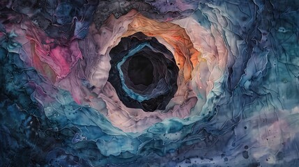 Abstract watercolor of a black hole on a fabric-textured background, using tissue technique to create soft folds that mimic the bending of light