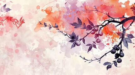 Artistic watercolor design of plum branches with intricate leaves, placed on a dynamic, abstract background with strokes of bold colors