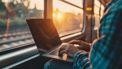 Digital nomad person working on laptop on a train during sunset, capturing the essence of mobility and remote productivity in transit Concept of travel remote working and dynamic lifestyle