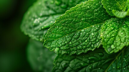 A macro photography style close-up of a fresh mint leaf