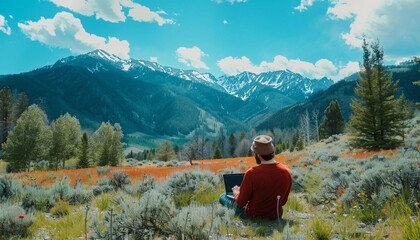 Digital nomad lifestyle with person working on mountain exploring remote work possibilities concept of adventure remote working 