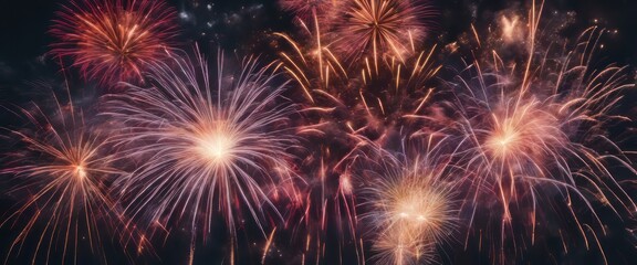 Naklejka premium loop of real colorful fireworks festival in the sky display at night during national holiday, new year