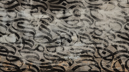Arabic calligraphy wallpaper on a wall with a gray old wall background and old paper interlacing....