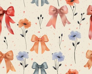 Pattern  in decorative Cartoon bows in different colors and shapes for gift packaging. Background for Valentine's Day, boxing day, Black friday, women's Day, Birthday, Christmas.