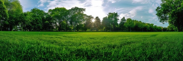 Panoramic view of a lush green trimmed grass field