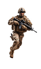 Determined soldier in desert camo gear running with a rifle, ready for action, isolated on a transparent background. Generative AI