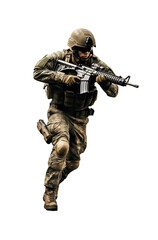 Determined soldier in desert camo gear running with a rifle, ready for action, isolated on a transparent background. Generative AI