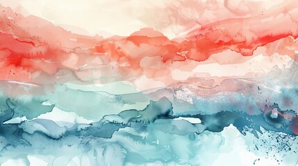 Layered watercolor abstraction, warm scarlet and vermilion hues bleeding into fields of cool mint and frosty blue, suggesting depth and complexity