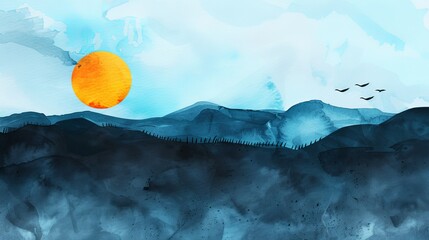 Minimalistic watercolor countryside with an abstract blue background, black mascara silhouette of a hill and sun, focusing on movement and energy