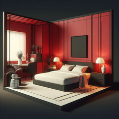 minimalistic bedroom interior in red and white colors 