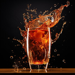 Big Glass of Fresh Beer on Dark Background. Flying Whiskey Glass Splash with Drops on Black Background.