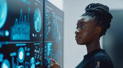 An African-American woman, programmer, IT specialist, Engineer standing near a digital screen in the office. Graphical user interface, information, communication technology, coding, cybersecurity.
