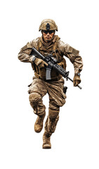 Fototapeta premium Determined soldier in desert camo gear running with a rifle, ready for action, isolated on a transparent background. Generative AI