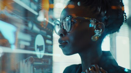 Close-up of a black woman, programmer, IT specialist, Analyst, standing near a digital screen in the office. Graphical user interface, information and communication technologies, Future concept.