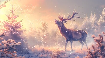 Majestic Stag Bellowing in Frosty Winter Forest with Dramatic Lighting