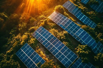 A solar panel farm is shown in the sun