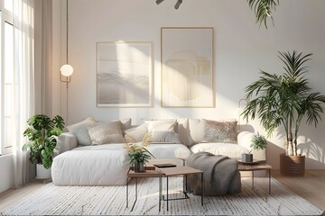 Modern Scandinavian home interior design characterized by an elegant living room featuring a comfortable sofa, mid century furniture, cozy carpet, wooden floor, white walls, and home plants. Pastel