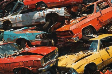 Fototapeta premium ..Junkyard pile towers with rusting abandoned cars, eerie and chaotic