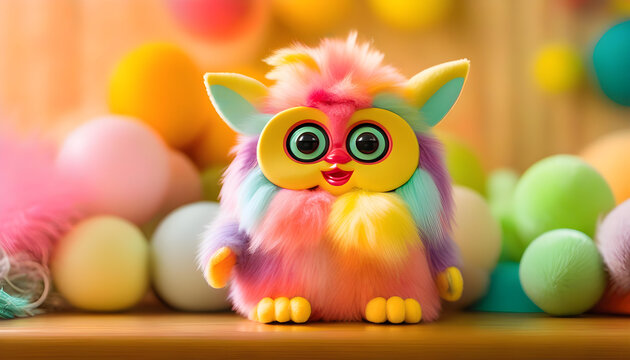 A Furby toy on a shelf with a pastel background and bokeh lights