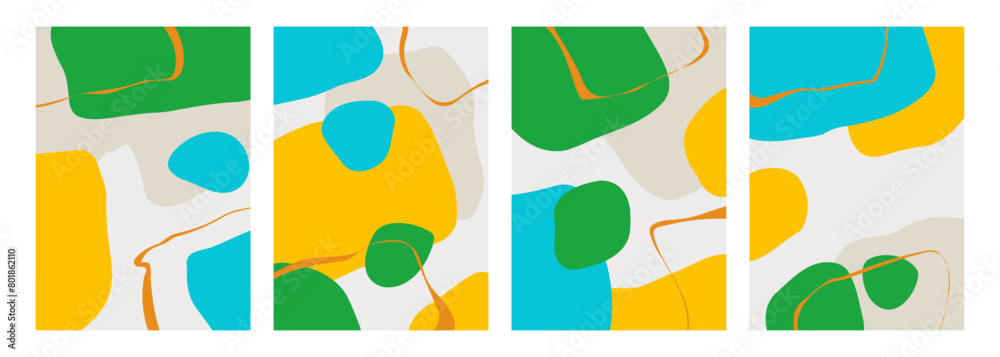 Poster Set of abstract backgrounds with various curved bright colored shapes and orange bent lines for creative graphic design. Vector illustration.