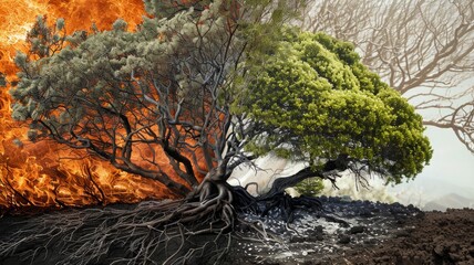A tree with a fire on one side and a green tree on the other