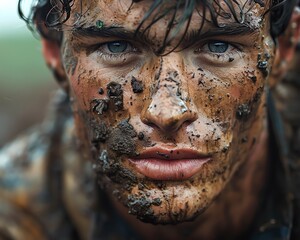 A rugby player in a gritty, mudsplattered uniform, featured in a tough sportswear ad