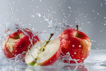 water splashing onto Apple, in the style of silver background and colorful fruits, high detailed, dynamic and action-packed, high resolution