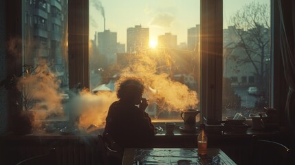 seen through a kitchen window , a older woman sits by a table smoking a cigarette, the light in the kitchen is a mix of ambient light and natural lighting from the window