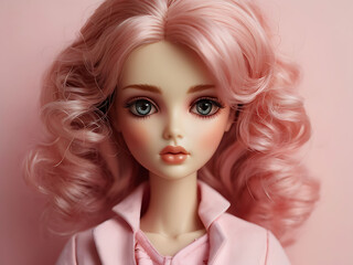 a doll with pink hair and a pink jacket.