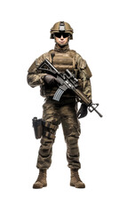 Modern soldier standing at ease with assault rifle, wearing camouflage and combat gear, isolated on a transparent background. Generative AI