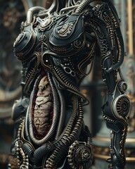 A steampunk female robot with an exposed ribcage and a heart made of clockwork gears.