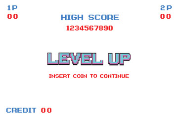 LEVEL UP INSERT A COIN TO CONTINUE .pixel art .8 bit game. retro game. for game assets in vector illustrations. on white background.