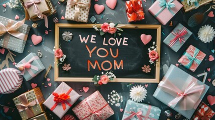 A blackboard with a message that says "We love you mom" is surrounded by many pr