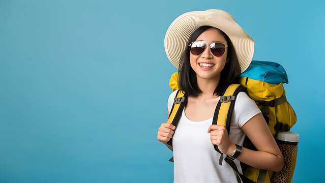  Happy Youthful Asian  sightseer woman wearing  sand  chapeau, sunglasses and  packs going to travel on  leaves on pink background. 