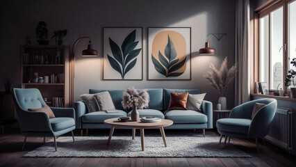 Living room interior designed in an eclectic way combining Scandinavian, Japandi and boho styles. Natural materials like wood and woven fabrics create a cohesive whole with navy blue wall. 3D