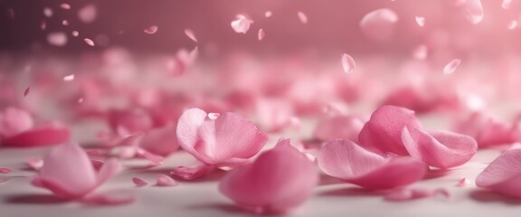 Obraz premium Petals of pink rose spa background. Realistic flying sakura cherry flower petals elements for romant
