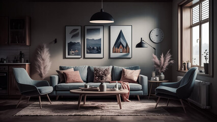 Living room interior designed in an eclectic way combining Scandinavian, Japandi and boho styles. Natural materials like wood and woven fabrics create a cohesive whole with navy blue wall. 3D