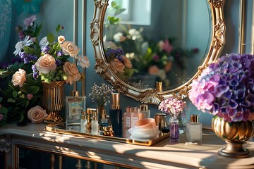 Set of decorative cosmetics on dressing table in room